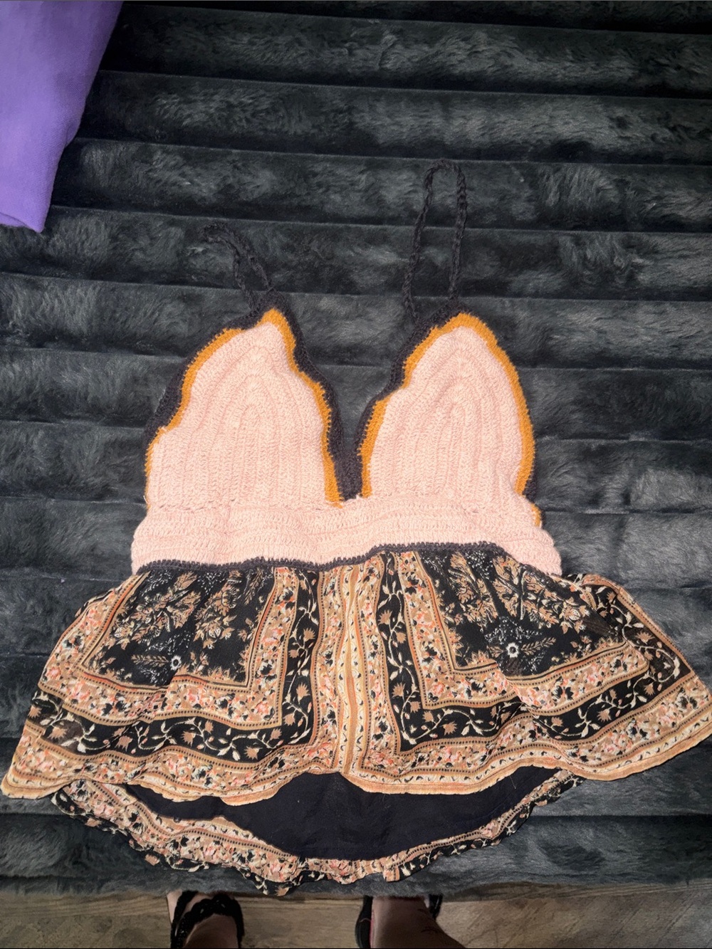 American Eagle Outfitters Pink Crochet Bralette with Black Floral Skirt